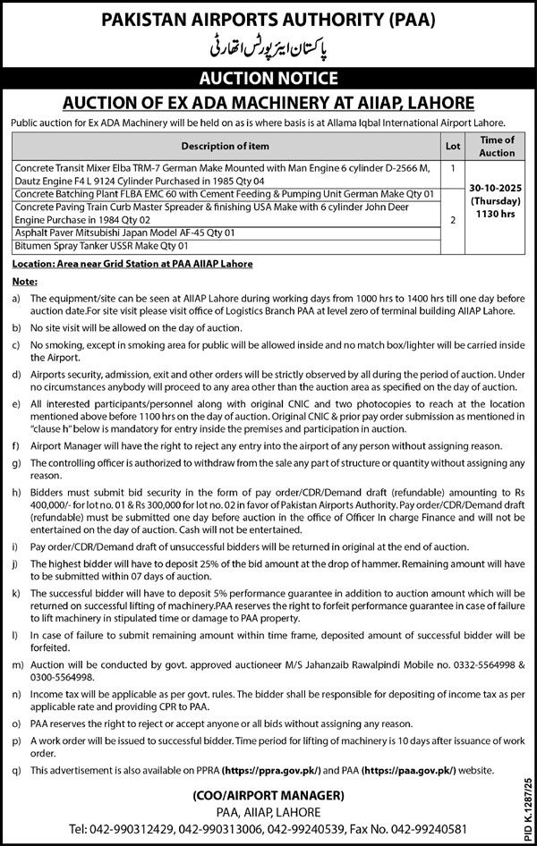 Pakistan Airport Authority Tender Notice